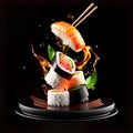 Flying sushi pieces isolated on black background