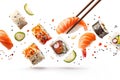 Flying sushi on white background Royalty Free Stock Photo
