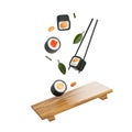 Flying sushi, wooden plate and chopsticks, white