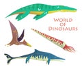 Flying and swimming dinosaurs and prehistoric reptile or lizard. Plesiosaurs or liopleurodon, pterodactyloidea or