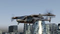 Flying Taxy Drone Going Through the City. 4k 3d animation