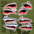 Flying Tiger Shark Mouth Sticker Vinyl on green background Vector Set