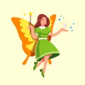 Flying tooth fairy in dress holding magic wand Royalty Free Stock Photo