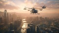 flying transport on the background of the sunset in the city. Generative AI