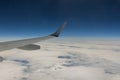 Flying traveling view from airplane window on the wing on clouds blue sky