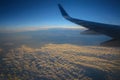 Flying and traveling, view from airplane window on the wing on sunset time. Flight in sky. Royalty Free Stock Photo