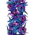 Flying tropical hummingbirds with flowers seamless