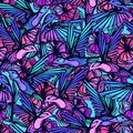 Flying tropical hummingbirds with flowers seamless