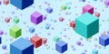 Flying turquoise blue red 3D cubes background. Geometric education color surface. Fly cubes design colored pattern. Happy school Royalty Free Stock Photo