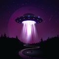 Flying UFO over night landscape illustration. Alien invasion of earth. Supernatural spaceship with glow lights hovers over