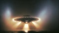 flying UFO saucer in foggy night over flat ground surface with wide orange beam of light, neural network generated art