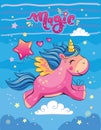 Flying unicorn with balloon. Cute little pony with rainbow. Wonderland. Fabulous animal. Children`s cartoon illustration. Postcard Royalty Free Stock Photo