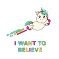 Flying unicorn with a rainbow and title on a white background.