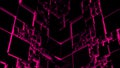 Flying up along the black wall of a corridor with pink neon silhouettes of square and rectangular shaped figures. Design Royalty Free Stock Photo