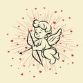 Flying Vector Cupid Boy Holding Bow, Aiming, Shooting Arrow, Hand Drawn with Outline in Retro, Vintage Comic Style. God Royalty Free Stock Photo