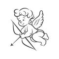 Flying Vector Cupid Boy Holding Bow, Aiming, Shooting Arrow, Hand Drawn with Outline in Retro, Vintage Comic Style. God Royalty Free Stock Photo