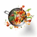 Flying Vegetables in Cooking Concept Sizzling Pan Delights. Generative AI