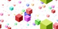 Flying violet green red 3D cubes background. Geometric education color surface. Fly cubes design colored pattern. Happy school Royalty Free Stock Photo