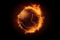 Flying volleyball ball in burning flames close up on dark brown background. Generative AI.