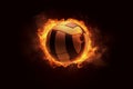 Flying volleyball ball in burning flames close up on dark brown background. Generative AI.