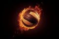 Flying volleyball ball in burning flames close up on dark brown background. Generative AI.