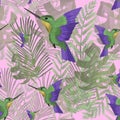 Flying watercolor tropical bird on tropical leaves on pink background. Green and purple colibri/hummingbird. Monstera, palm leaves