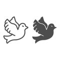 Flying wedding dove line and solid icon, domestic animals concept, Flying bird sign on white background, pigeon bird