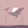 Flying whale. Fantastic animal isolated silhouette. Surreal landscape