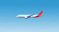 Flying White Airplane with Red Tail Against Gradient Blue Sky Royalty Free Stock Photo