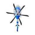 Flying White and Blue Helicopter, View from Above, Air Transport Vector Illustration