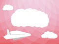 Flying white creative origami paper airplane. Abstract red background with clouds. Vector, Travel, Leisure, Business.