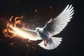 Flying White Dove with Fiery Glow on a Dark Background, Embodying Peace and the Gifts of the Holy Spirit. created with Generative