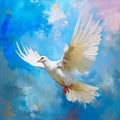 Flying white dove of peace in a painted style.