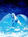 Flying white pegasus horse high up in the skies, beautiful detailed oil painting on canvas.