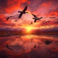 Flying Wild Geese and a Red Sunset Royalty Free Stock Photo