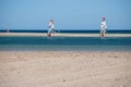 Fuerteventura, windsurf school at Sotavento beach lagoon..