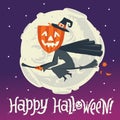 A flying witch on a broomstick on a background of the moon. Happy Halloween postcard, poster, background or party invitation