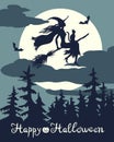 Flying  witch silhouette on broom with cat and bats on background of the full moon, halloween vector  illustration Royalty Free Stock Photo