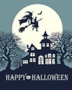 Flying  witch silhouette on broom with cat and bats on background of the full moon, halloween vector  illustration Royalty Free Stock Photo