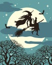 Flying  Witch Silhouette On Broom With Cat And Bats On Background Of The Full Moon, Halloween Vector  Illustration