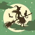 Flying  witch silhouette on broom with cat and bats on background of the full moon, halloween vector  illustration Royalty Free Stock Photo