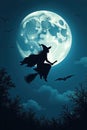Flying witch silhouette, dramatic full moon backdrop , vintage, gothic, element Royalty Free Stock Photo