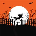 A flying witch with a terrible cemetery in the forest on the full moon. Vector illustration Royalty Free Stock Photo