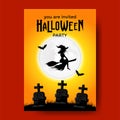 Flying wizard for halloween trick or treat party invitation banner on the graveyard