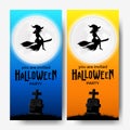 Flying wizard for halloween trick or treat party invitation banner on the graveyard tomb with blue and orange sky night