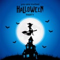Flying wizard for halloween trick or treat party invitation banner with scary castle at the blue night sky