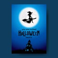 Flying wizard for halloween trick or treat party invitation banner with scary castle blue night sky