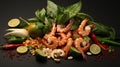 flying wok ingredients shrimp, vegetables, pak choi leaves, onions and peanuts. Generative Ai