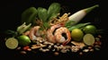 flying wok ingredients shrimp, vegetables, pak choi leaves, onions and peanuts. Generative Ai