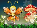 Flying Yellow Butterfly On Top of Rock And White Flower With Red Mushroom House Cartoon